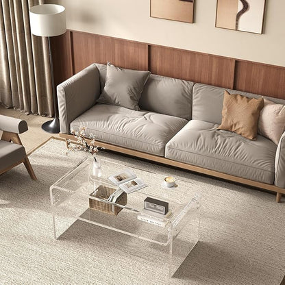 2-Tier Acrylic Coffee Table, Side End Table with Storage Shelf, Modern Center Table for Living Room, Office, Bedroom, Home Small Space, Easy Assembly (Clear)
