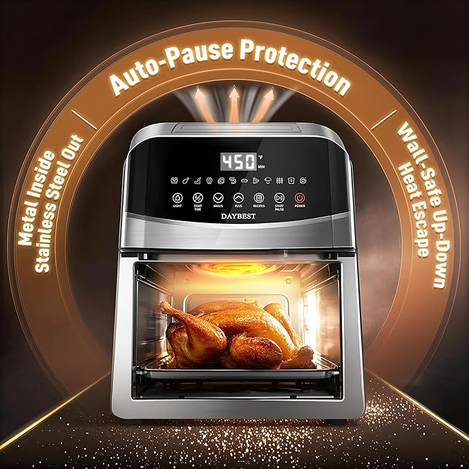 Next-Gen Non Toxic Air Fryer Stainless Steel 12-in-1 Classic Basket Premium Ceramic Coating, Metal Inner 450°F Dual Heats Even Cook, 6 QT Midsize 120V, DAYBEST Easy Clean Parts (Stainless Steel)