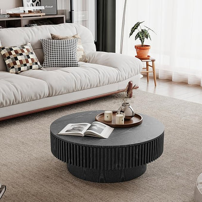 31.5 Inch Round Drum Coffee Table with Storage, Modern Handcraft Fluted Drum Coffee Table, Wooden Round Coffee Table Center Table with Sturdy Pedestal for Living Room Apartment (Black)
