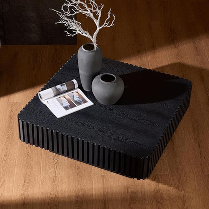 KEVINSPACE Square Wood Coffee Table, Fluted CoffeeTable Handcraft Drum TeaTable CenterTable for Living Room, Modern Wooden CocktailTable for Small Space, Easy Assembly 35.43" 15.75" H Black