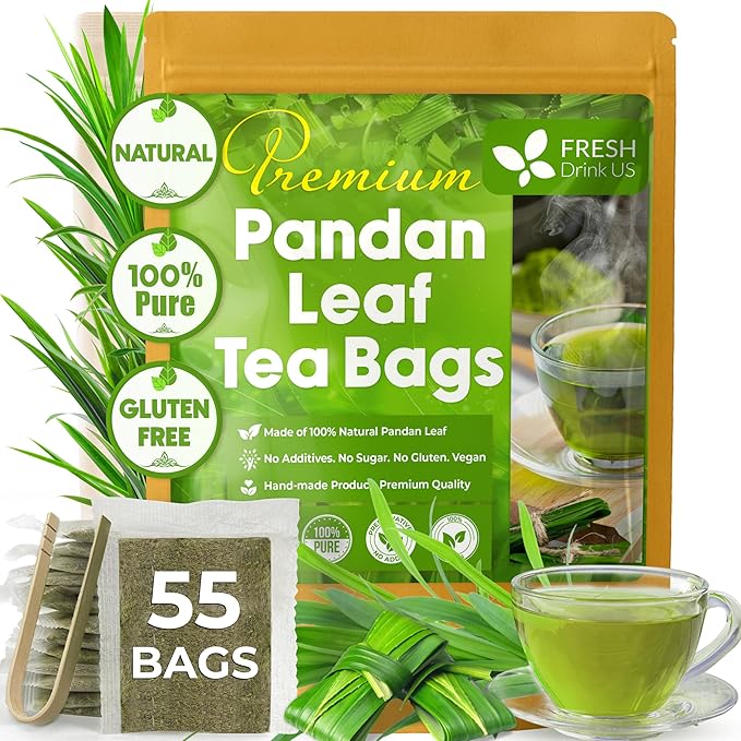 FreshDrinkUS, Premium 55 Pandan Leaf Tea Bags, 100% Natural & Pure from Pandan Leaves. Loose Leaf Pandan Herbal Tea. Made with Natural Material Tea Bags. No Sugar, No Caffeine, No Gluten, Vegan.