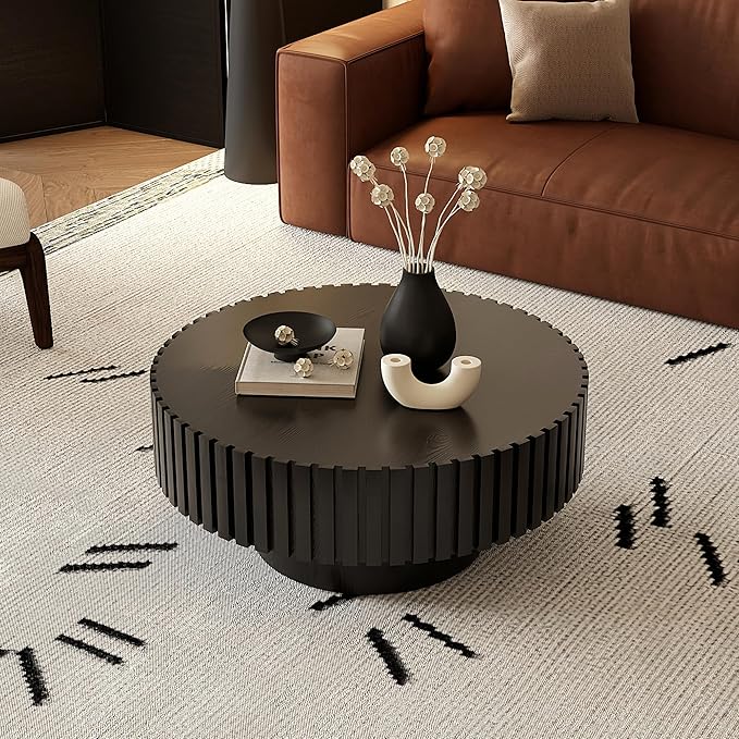 31.5" Round Drum Coffee Table, Modern Handcraft Fluted Drum Center Table, Wooden Round Coffee Table Center Table with Sturdy Pedestal for Living Room Apartment (Black)