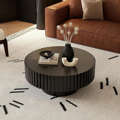 31.5" Round Drum Coffee Table, Modern Handcraft Fluted Drum Center Table, Wooden Round Coffee Table Center Table with Sturdy Pedestal for Living Room Apartment (Black)