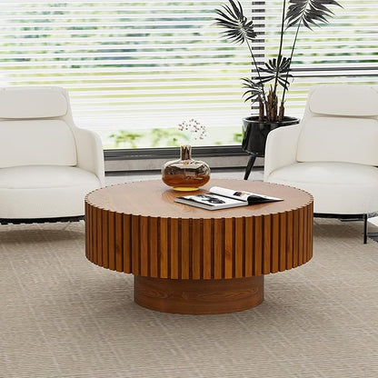Handmade Round Grooved Drum-Shaped Coffee Table、Rustic Modern Circular Centerpiece for Living Room & Farmhouse Decor、Easy to Clean (D Wood 31in)