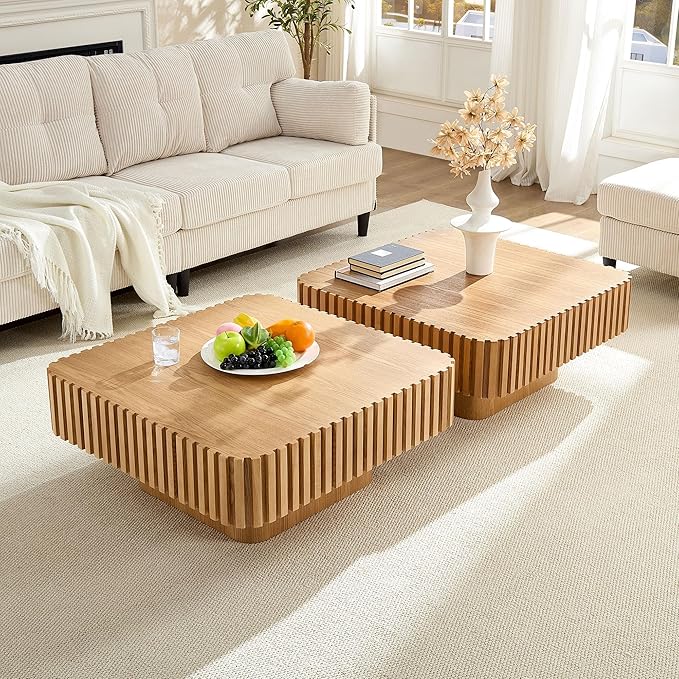 Square Wood Coffee Table for Living Room Modern Drum Wooden Fluted Handcraft Center Tea Cocktail Small Space, Easy Assembly 31.5" W x13.77 H Oka