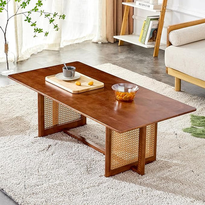 Mid Century Modern Wood Coffee Table with PE Rattan Stand, 47 Inch Rectangular Solid Wood Boho Coffe Table, Unique Center Cocktail Table for Livinig Room Apartment Office