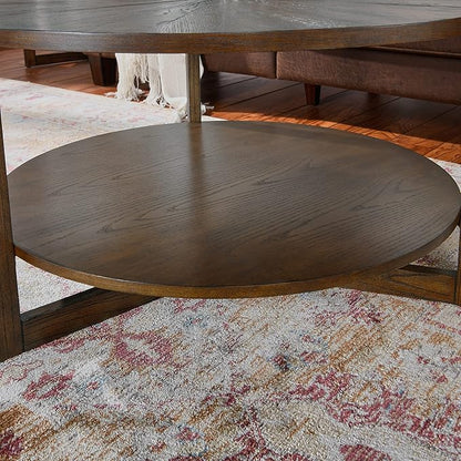 PADMA HOUSE 33.5" Round Wood Coffee Table, 2-Tier Solid Wood Rounded Circle Accent Coffee Table Center Cocktail Table Vintage Furniture for Home Living Room Bedroom,Espresso Brown 3338NC
