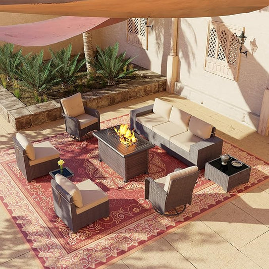 10 Pieces Outdoor Patio Furniture Set Outdoor Furniture Patio Sectional Sofa Conversation Sets w/ETL Approved 45" Gas Outdoor Fire Table & Coffee Table, Swivel Rocking Chair (Brown)