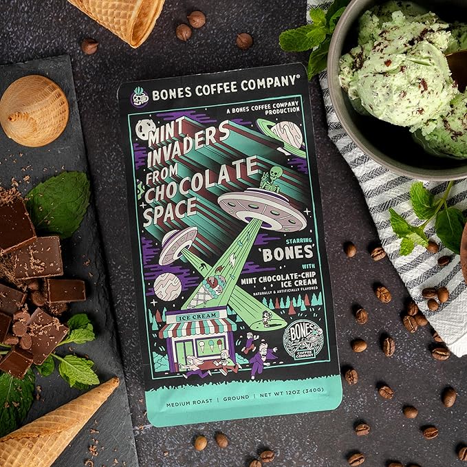 Bones Coffee Company Mint Invaders, Mint Chocolate Chip Flavored Coffee, Medium Roast Low Acid Arabica Beans Compatible with Auto drip and French Press Coffee Maker, 12 Oz Whole Bean