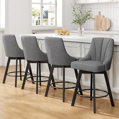 Swivel Bar Stools with Backs, 24" Counter Height Bar Stools Set of 2, Fabric Upholstered Counter Barstools with Solid Wood Legs for Kitchen Island, Home Bar, Dark Gray
