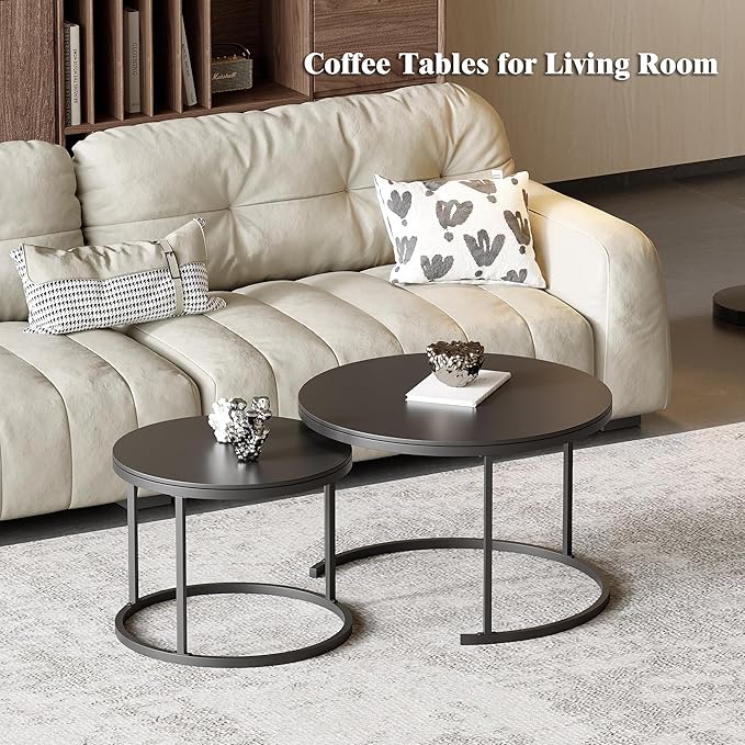 Round Nesting Coffee Table, Black Modern Decorative Coffee Center Table Set of 2, Sintered Stone Coffee Table for Living Room with Sturdy Metal Frame.
