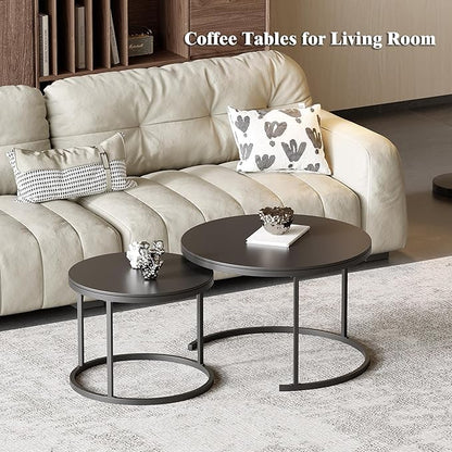 Round Nesting Coffee Table, Black Modern Decorative Coffee Center Table Set of 2,Round Sintered Stone 24'' Coffee Table for Living Room with Sturdy Metal Frame.