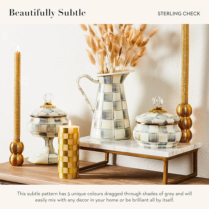 MACKENZIE-CHILDS Enamel Tea Kettle, Stylish Tea Kettle for Stovetop, Grey-and-White Sterling Check, 2 Quarts