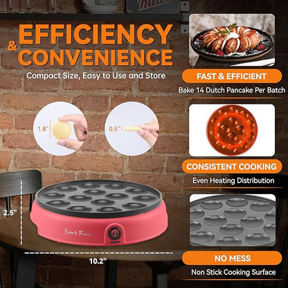 Baker's Friend Mini Pancakes Maker Machine, Dutch Mini Pancake Griddle, 14 Holes Electric Poffertjes Pan, Ideal for Breakfast, Snacks, Desserts & More, Red