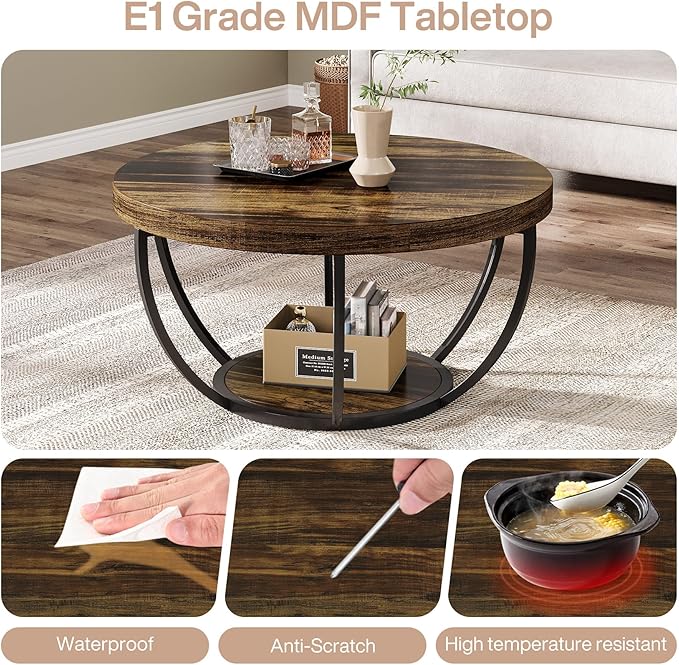 Tribesigns Round Coffee Table, 31.7" Wooden 2-Tier Circle Coffee Table with Storage Shelves, Modern Accent Cocktail Table Center Table for Living Room, Rustic Brown
