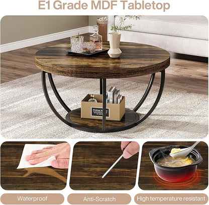 Tribesigns Round Coffee Table, 31.7" Wooden 2-Tier Circle Coffee Table with Storage Shelves, Modern Accent Cocktail Table Center Table for Living Room, Rustic Brown