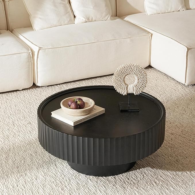Round Wood Coffee Table - Wooden, Ribbed-Design, 30.3" Dia, 14.9" H Living Room Table, Center Table Simple Modern Style for Home Living Room Furniture (Black, 30.3''L×14.9''H)