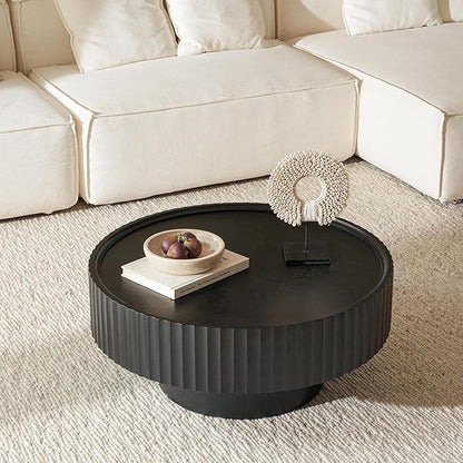 Round Wood Coffee Table - Wooden, Ribbed-Design, 30.3" Dia, 14.9" H Living Room Table, Center Table Simple Modern Style for Home Living Room Furniture (Black, 30.3''L×14.9''H)
