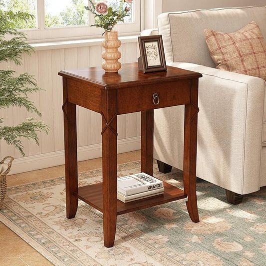 PADMA HOUSE Solid Wood End Table with Drawer & Shelf, Rectangle Sofa Side Table with Dual-Hourglass Tabletop Mid-Century Apartment Bedside Table for Living Room Bedroom,19.7 * 15.7 * 27.6in