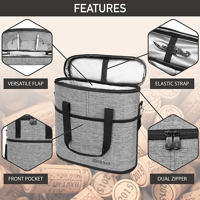 opux 3 Bottle Wine Carrier Tote, Insulated Leakproof Wine Cooler Bag, Wine Travel Bag Tote for Picnic BYOB Beach, Portable Wine Bottle Carrying Case, Gift for Wine Lover Women Men Christmas, Grey