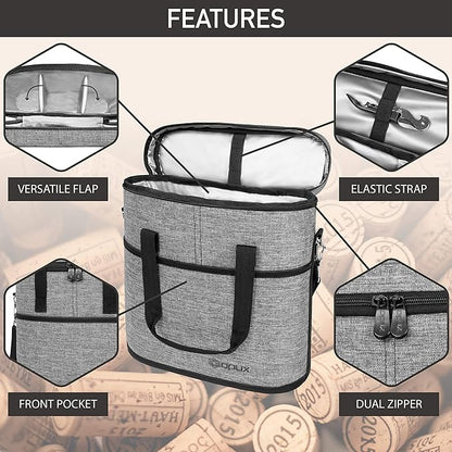 opux 3 Bottle Wine Carrier Tote, Insulated Leakproof Wine Cooler Bag, Wine Travel Bag Tote for Picnic BYOB Beach, Portable Wine Bottle Carrying Case, Gift for Wine Lover Women Men Christmas, Grey