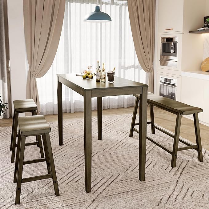 PHI VILLA Dining Table Set for 4, Counter Height Dining Table with 2 Chairs and 1 Bench, Solid Wood Table Sets for Farmhouse, Rustic Kitchen and Dining Room Table Set with Chairs, Smoky Brown