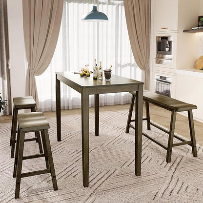 PHI VILLA Dining Table Set for 4, Counter Height Dining Table with 2 Chairs and 1 Bench, Solid Wood Table Sets for Farmhouse, Rustic Kitchen and Dining Room Table Set with Chairs, Smoky Brown