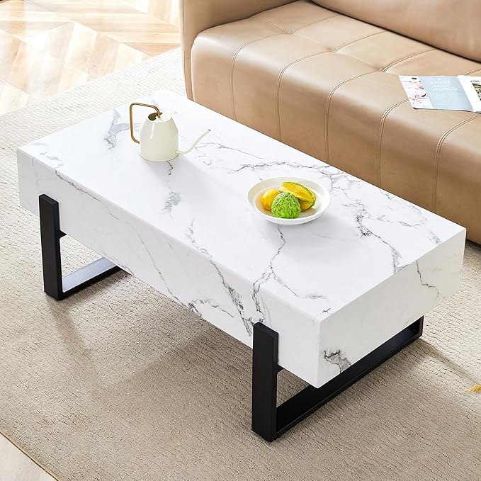 47.2" Marble-Patterned Rectangle Coffee Table MDF Desktop with Metal Legs for Living Room Dining Room Office, White and Black