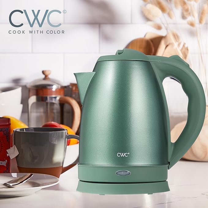COOK WITH COLOR Electric Kettle - Rapid Boil, Sleek Design, and Safety Features - Great for Quick and Easy, Stainless Steel Sage, 1.7 Liters