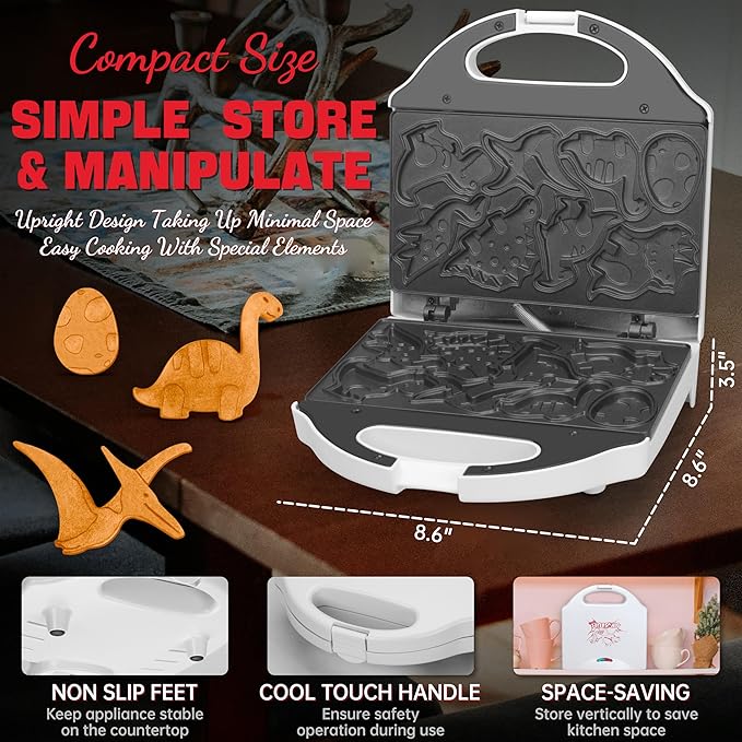 Dinosaur Mini Waffle Maker for Kids, Mini Pancake Maker Machine for Halloween, 8 Different Shaped Dinos in Minutes, Electric Non-Stick Waffle Iron, White