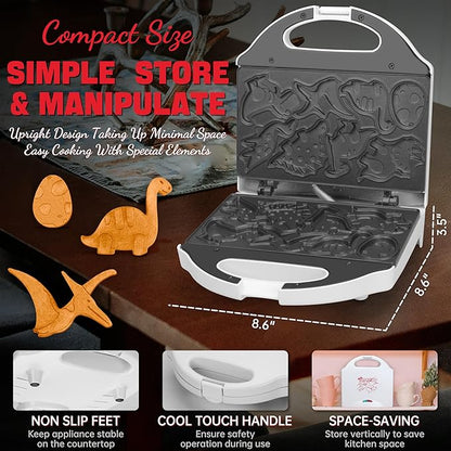 Dinosaur Mini Waffle Maker for Kids, Mini Pancake Maker Machine for Halloween, 8 Different Shaped Dinos in Minutes, Electric Non-Stick Waffle Iron, White