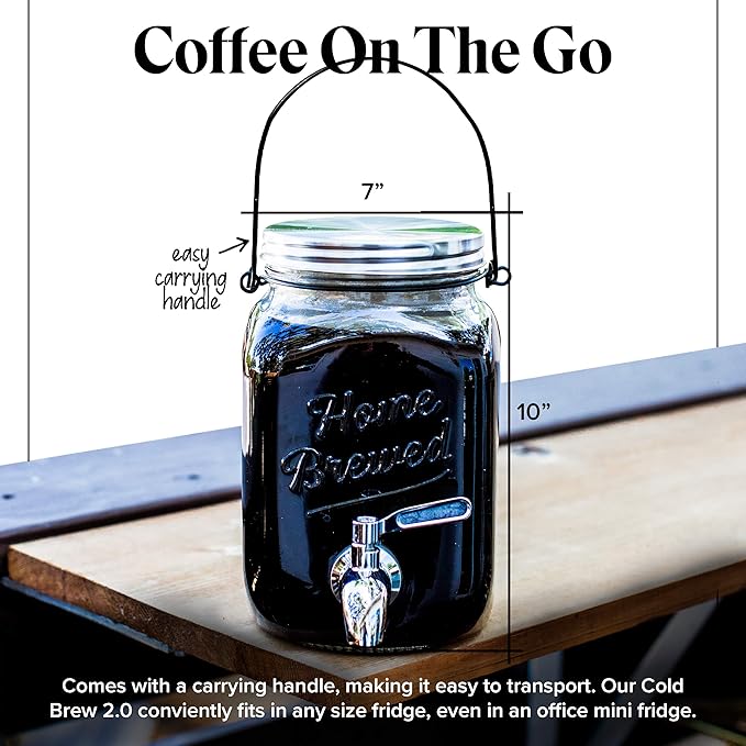 Willow & Everett Cold Brew Coffee & Iced-Tea Maker Pitcher, 2 L Glass Dispenser w/Metal Spigot & Mesh Filter Iced Coffee & Sun Tea Brewing System