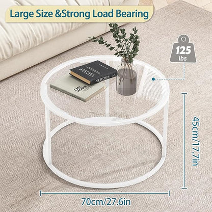 Glass Coffee Table Modern Center Table,Minimalist Coffee Table Sofa Side Tea Table for Living Room,Tempered Glass-top with Sturdy Metal Frame, Easy Assembly, 27 x 27 x 17 Inch,White