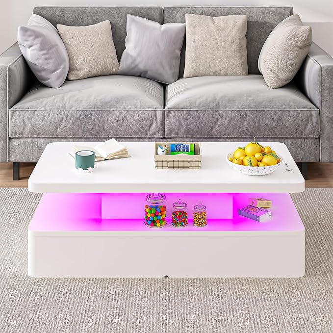oneinmil Modern LED Coffee Table, 47" Living Room Tables with Double-Layer Design, 16 Colors LED Lights, Stylish Coffee Tables for Living Room, Home, Office, White