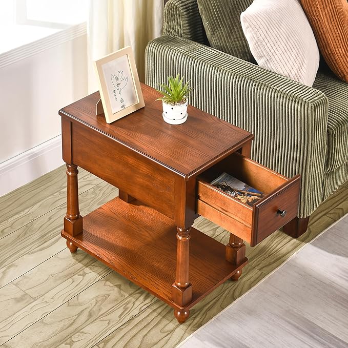 PADMA HOUSE Solid Wood Narrow End Table with Drawer, Vintage Rectangle Sofa Side Table with Storage Shelf Mid-Century Apartment Slim Bedside Table for Small Spaces,13 * 22 * 22.3in