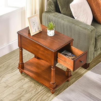 PADMA HOUSE Solid Wood Narrow End Table with Drawer, Vintage Rectangle Sofa Side Table with Storage Shelf Mid-Century Apartment Slim Bedside Table for Small Spaces,13 * 22 * 22.3in