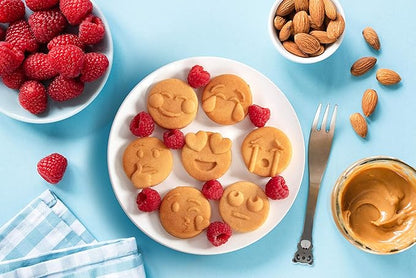 Mini Emojis Waffle Maker for Special Breakfast- Make 7 Unique Smiley Face Waffles Pancakes- Electric Non Stick Iron Feat Kiss Face Heart Eyes & Smile with Recipes, Gift for Her Kids- Licensed by Emoji