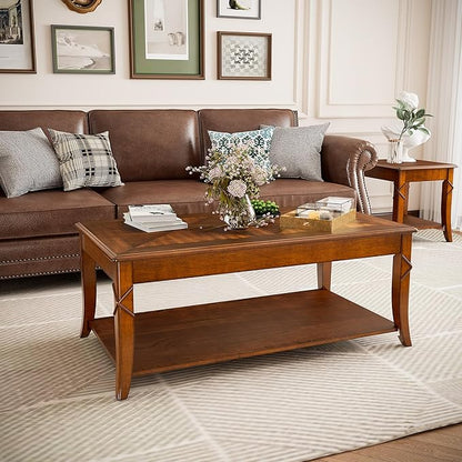 PADMA HOUSE Solid Wood Coffee Table with Shelf, Vintage Rectangle Cocktail Table with Dual Hourglass Tabletop, Apartment Center Sofa Table with Curved Legs for Living Room, 43.3 * 23.6 * 17.7in