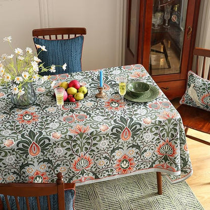 Designer Bohemian Linen Green Long Tablecloth Rectangle,Floral Indoor Table Cloth,Stain Resistant Decor Tablecloths for Dining Thanksgiving Kitchen Party Christmas,63"*102"-Naples
