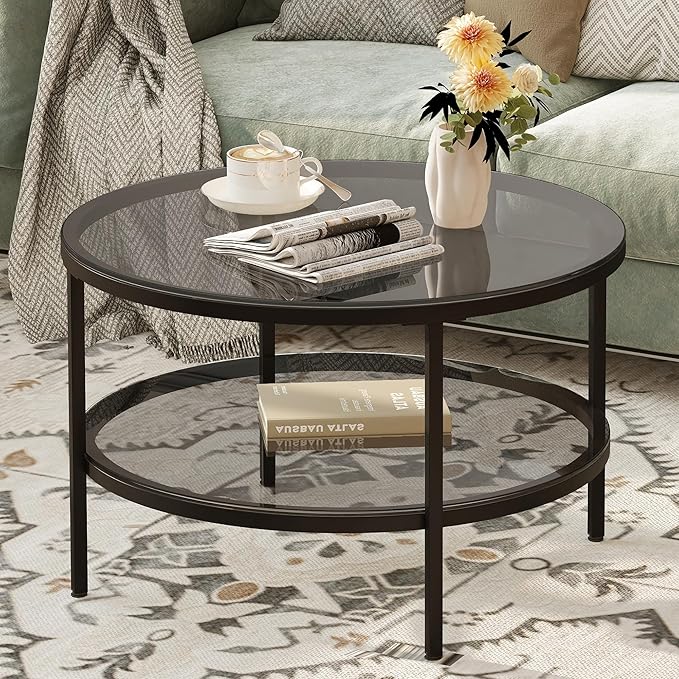 Yusong Round Glass Coffee Tables for Living Room, 2-Tier Circle Coffee Table with Storage, 26" Modern Center Accent Table with Light Black Glass, Small End Table for Small Space, Bedroom