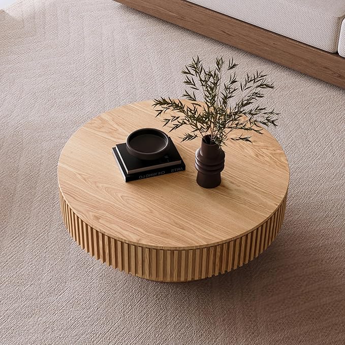 39 Inch Round Drum Coffee Table with Storage, Modern Handcraft Fluted Drum Coffee Table, Wooden Round Cocktail Tea Table Center Table with Sturdy Pedestal for Living Room Apartment (Natural)