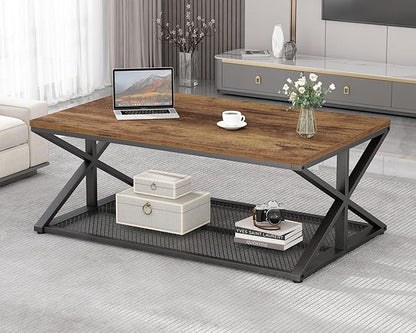 IBF Rustic Brown Coffee Table with Storage, Farmhouse Wood Metal Rectangle Living Room Table, Industrial Middle Center Table with Mesh Shelf, Rustic Brown,47 in