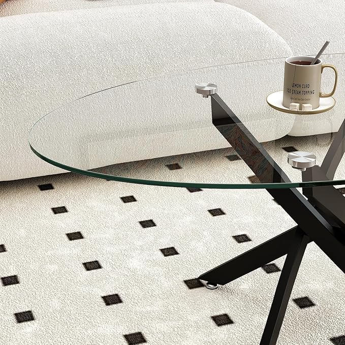 Oval Coffee Table Modern Living Room Table with Tempered Glass Top and Black Metal Legs Contemporary Stylish Center Table Tea Table for Living Room Office