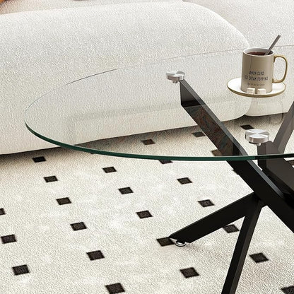 Oval Coffee Table Modern Living Room Table with Tempered Glass Top and Black Metal Legs Contemporary Stylish Center Table Tea Table for Living Room Office