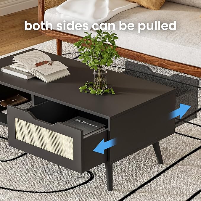 Black Rattan Coffee Table, Mid Century Modern with Drawer & Shelf, 39'' Wooden Boho Coffee Table for Living Room
