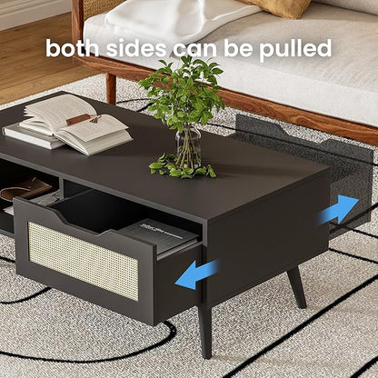 Black Rattan Coffee Table, Mid Century Modern with Drawer & Shelf, 39'' Wooden Boho Coffee Table for Living Room