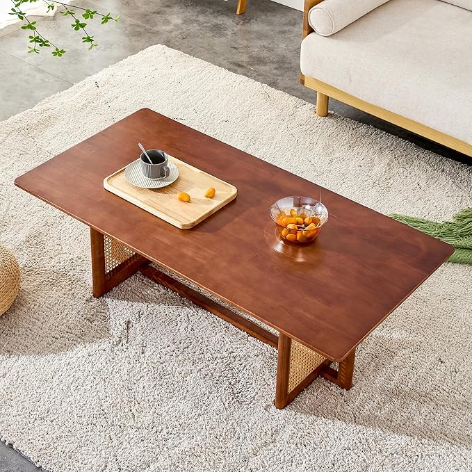 Mid Century Modern Wood Coffee Table with PE Rattan Stand, 47 Inch Rectangular Solid Wood Boho Coffe Table, Unique Center Cocktail Table for Livinig Room Apartment Office