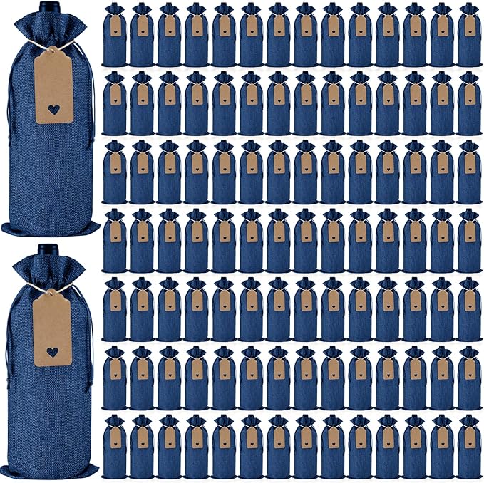 Windyun 100 Pcs Burlap Wine Bags Bottle Gift Sacks with Tags 5.9 x 13.8 Inch Jute Burlap Plain Wine Bags for Wedding Birthday Blind Tastings Christmas Travel Party (Royal Blue)