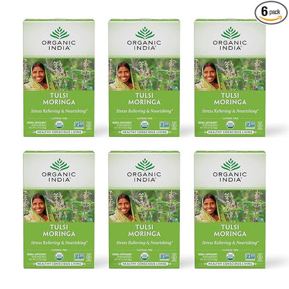 ORGANIC INDIA Tulsi Moringa Tea Bags - Holy Basil, Lemongrass, Moringa Leaves, Stress Relieving & Nourishing, Immune Support Tea, Vegan, Certified Organic, Caffeine-Free - 18 Infusion Bags, 6 Pack