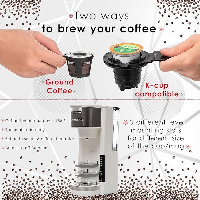 Mixpresso White Single Serve Coffee Brewer K-Cup Pods Compatible & Ground, 30 oz Compact Coffee Maker Single Serve With 5 Brew Sizes Up To 14 Oz, Fits Travel Mug, Adjustable Drip Tray